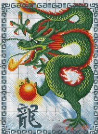 Схема вышивки крестом: Зеленый дракон с красной жемчужиной