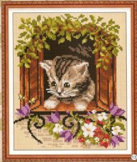 Схема вышивки крестом: Котенок в окне