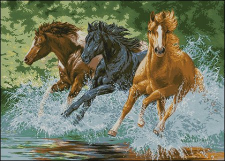 Бегущие по воде три лошади