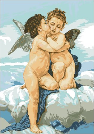 Два ангелочка, мальчик и девочка на облаке