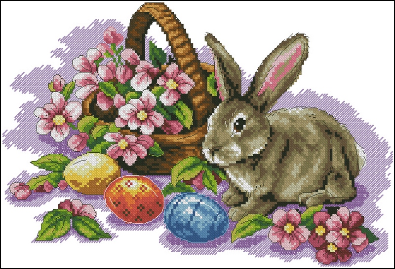 Кролик и корзина с цветами, разноцветные пасхальные яйца