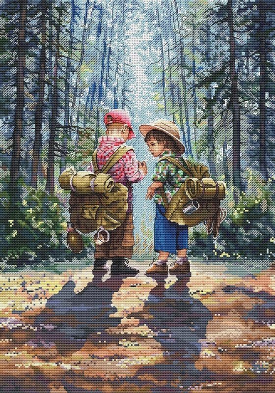 Два мальчика пошли в поход с рюкзаками в густой лес