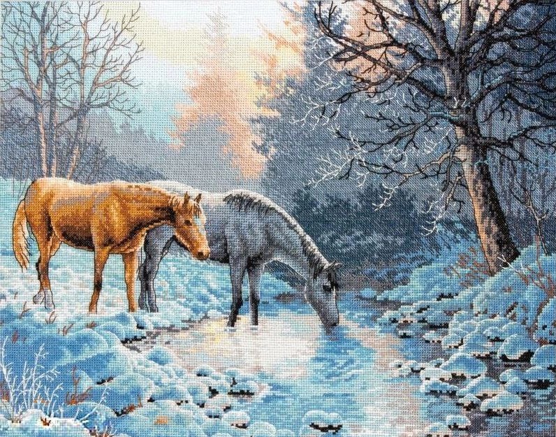 Лошади у водопоя зимним утром