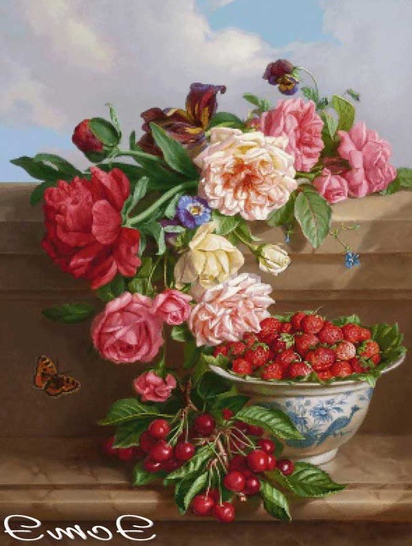 Натюрморт с розами и ягодами