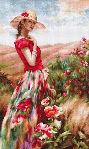 Девушка в красном, стоящая в поле