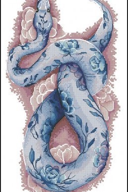 Схема вышивки крестом: Синяя змея среди цветов