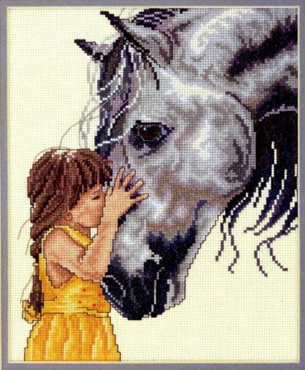 Схема вышивки крестом: Девочка в желтом платье и лошадь