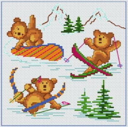 Схема вышивки крестом: Веселые медвежата и снежный спорт